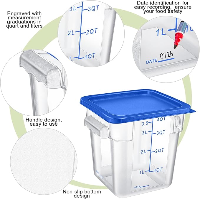 Maxcheck 4 Pcs 4qt Food Storage Container with Lids Bulk Clear Commercial Food Storage Bins with Scale Handle Space Saving Restaurant Tubs for Kitchen Prep Proof Dough Marinating Meat(White, Blue)