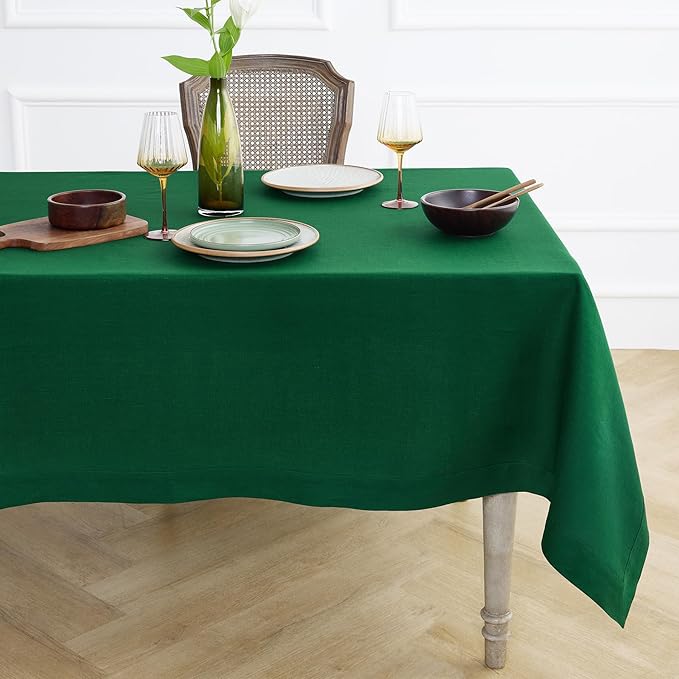 Solino Home Linen Tablecloth for Rectangle Tables 60 x 90 Inch - 100% Pure Linen Christmas Green Table Cloth - Fete, Machine Washable Cloth Tablecloth for St Patricks Day