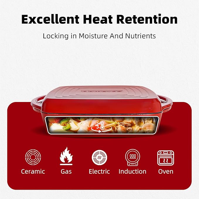 2-in-1 Square Enameled Cast Iron Dutch Oven 7QT Baking Pan and Gridle Lid with Dual Handles, Cast Iron Skillet lid, Coating Gridle for Baking, Braising and Grilling - Red