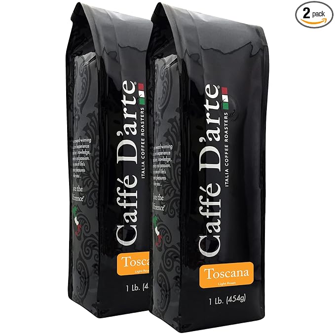 Caff챕 D'arte Toscana Ground Coffee ??Medium Light Roast, Light & Sweet Flavor with Cocoa Notes ??Fresh Roasted in Seattle, Crafted for Drip Coffee Makers ??1 lb Bag, Pack of 2