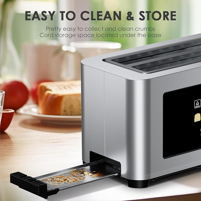 Geek Chef Long Slot Toaster 4 Slice, 1.5" Touch Screen Extra Wide Slots for Bagels & Waffles, 6 Browning Levels, Timer, Reheat, Defrost, Cancel Function, Removable Crumb Tray, Stainless Steel