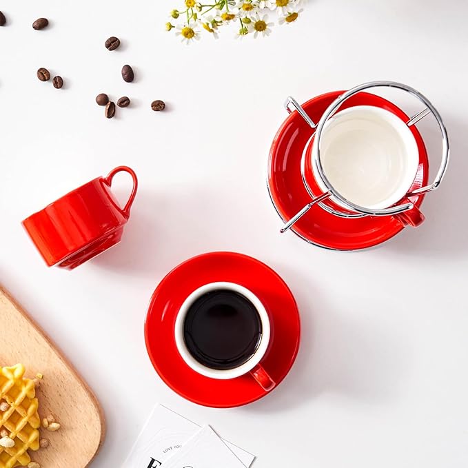 2.5oz Espresso Cups Set of 4, Small Stackable Coffee Cups with Saucers and Metal Stand, Ceramic Demitasse Cups, Cappuccino Cups for Coffee Drinks, Latte, Red