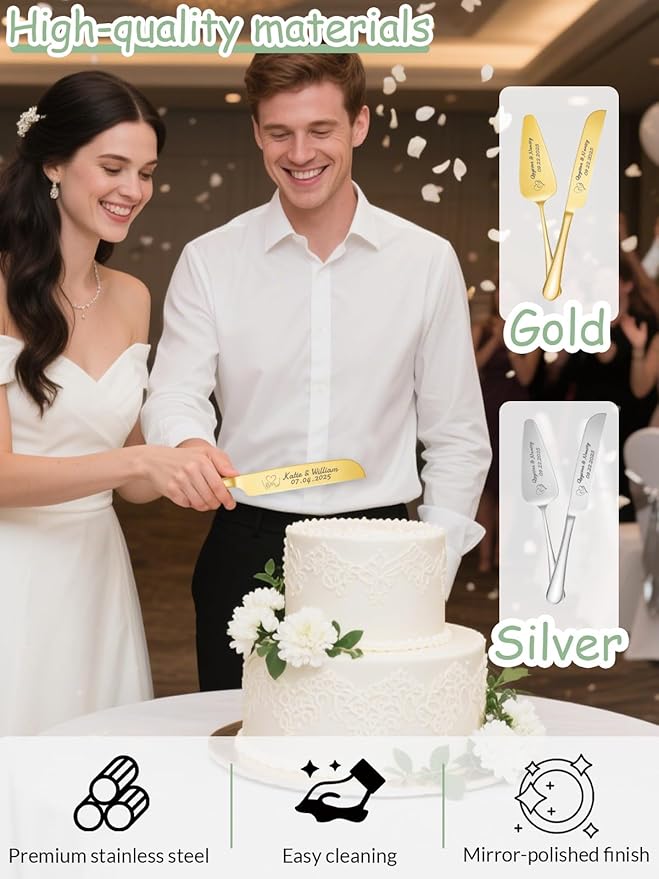 HJX Personalized Cake Knife and Server Set for Wedding - Engraved Stainless Steel Cake Cutting Set, Custom Elegant Cake Cutter Gift for Anniversary Birthday (01-Foundation)