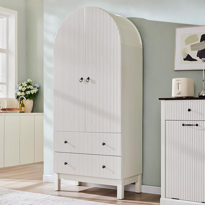 71" Tall Arched Pantry Cabinet, Fluted Kitchen Storage Cabinet with Adjustable Shelves and 2 Large Drawers, Freestanding Morden Versatile Cupboard for Living Room, Bathroom, White