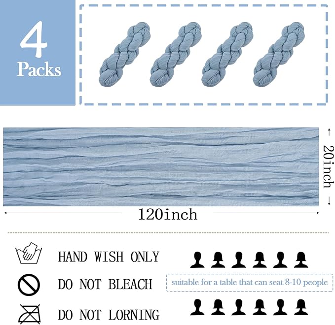 4 Pack Dusty Blue Cheesecloth Table Runner 20 x 120 inch Gauze Table Runners 10 FT Long,Semi Sheer Boho Cheese Cloth Fabric Table Runner Bulk for Wedding,Party,Baby Shower,Bridal Shower Decoration