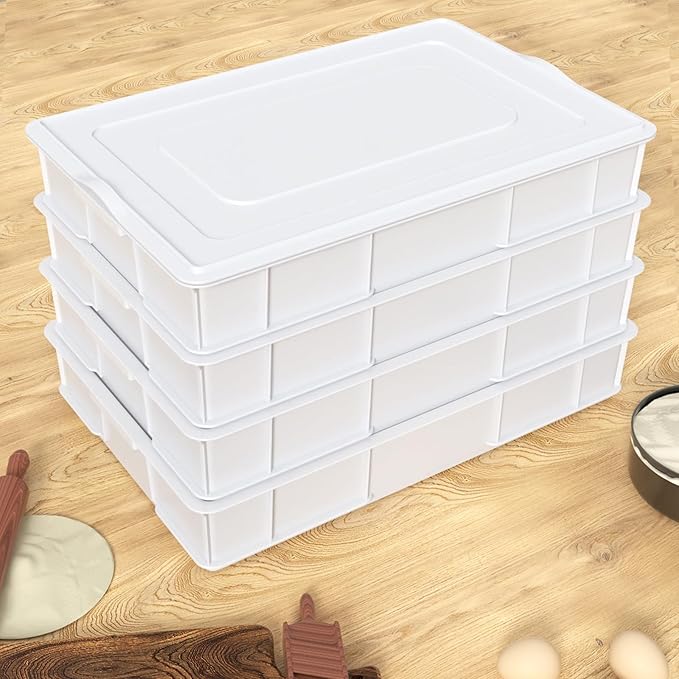 4 Packs Plastic Stackable Pizza Dough Proofing Box, Pizza Dough Tray with Lid, White
