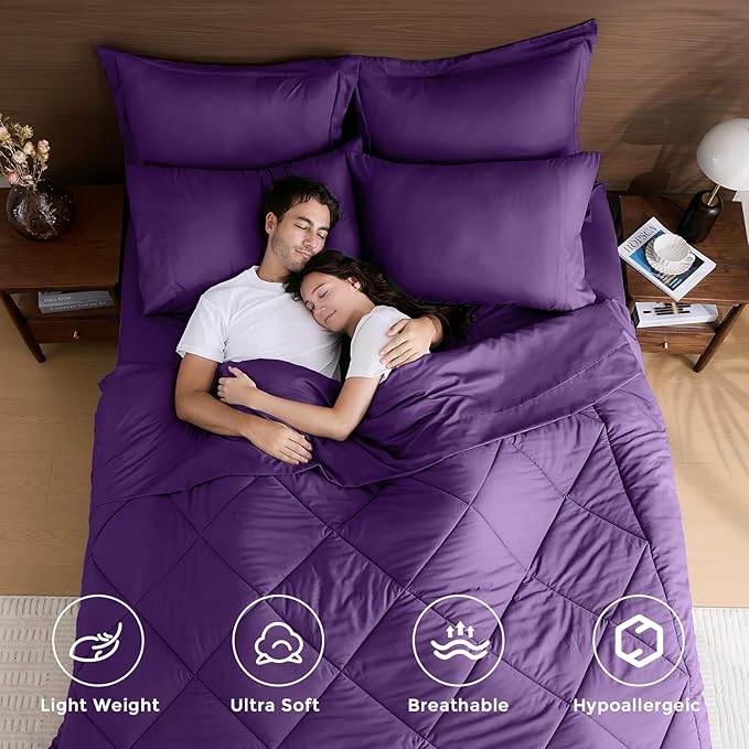 HEVUMYI Purple Queen Comforter Set - 7-Piece All Season Bed in a Bag Queen, Ultra Soft Bedding Set with Comforter, Flat Sheet, Fitted Sheet, Pillowcases, Pillow Shams