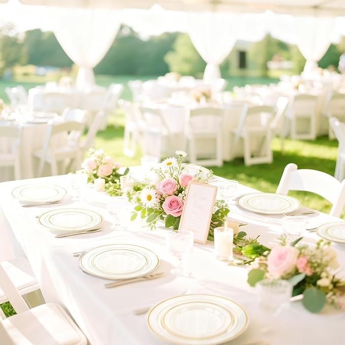 U-QE 100pcs Ivory Plastic Plates for Party - Ivory Gold Plastic Plates Disposable Heavy Duty - Include 50 10" Dinner and 50 7" Dessert Plate, Perfect for Party, Wedding