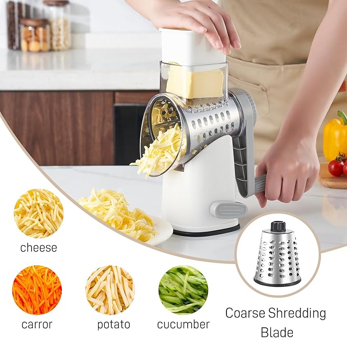 Weltonhm Rotary Cheese Grater with 4 Blades, Hand Crank Cheese Grater with Waffle Slicer, Black and White Cheese Slicer with Suction Base, Easier for Shredding& Grating (White and Grey, 4 Graters)
