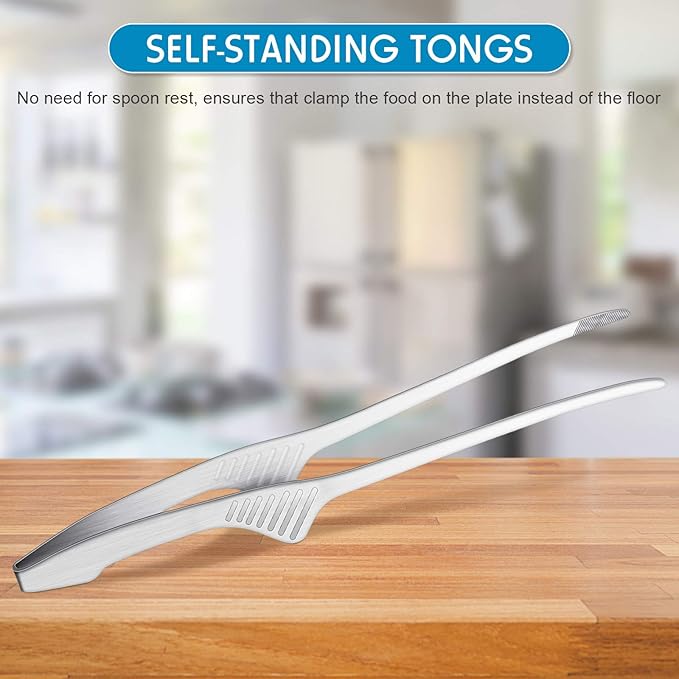 Patelai 2 Pieces Korean and Japanese BBQ Tongs Non Slip Cooking Utensils Stainless Steel Tongs for Serving Food, Salad, Camping, Barbecue, Buffet, Oven with Support Stand (Silver)