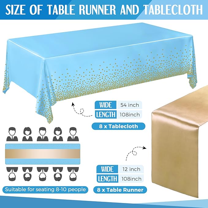 Tudomro 16 Pcs Teal and Gold Disposable Plastic Tablecloths and Satin Table Runner Set 54x108 Inch Tablecloth 12x108 Inch Table Runners for New Year Wedding Birthday Baby Shower Graduation