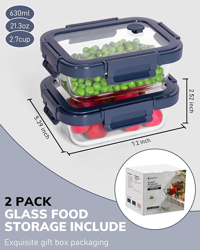2-Pack Glass Food Storage Containers with Tempered Lids (21.3oz/2.7cup) - Airtight Snap Lock, Microwave & Oven Safe (-4?? 950째F), Freezer to Baking Dish, BPA-Free, Gift Box (Blue)