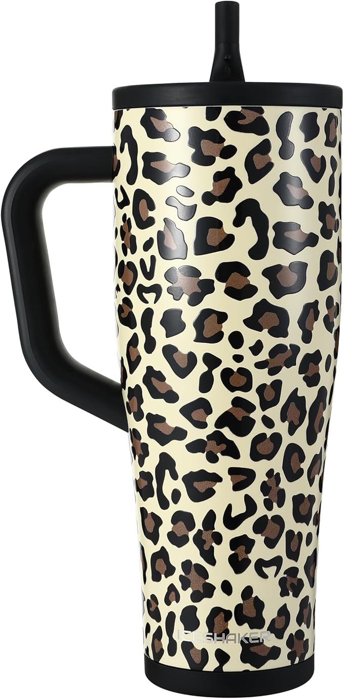 Ice Shaker 40 oz Tumbler with Handle and Straw | 40oz Leopard | Cold for 30+ Hours | 2-in-1 Tumbler Shaker Bottle | Odor-Free 40 ounce Bottle for Water, Protein Shakes, Smoothies, Cocktails