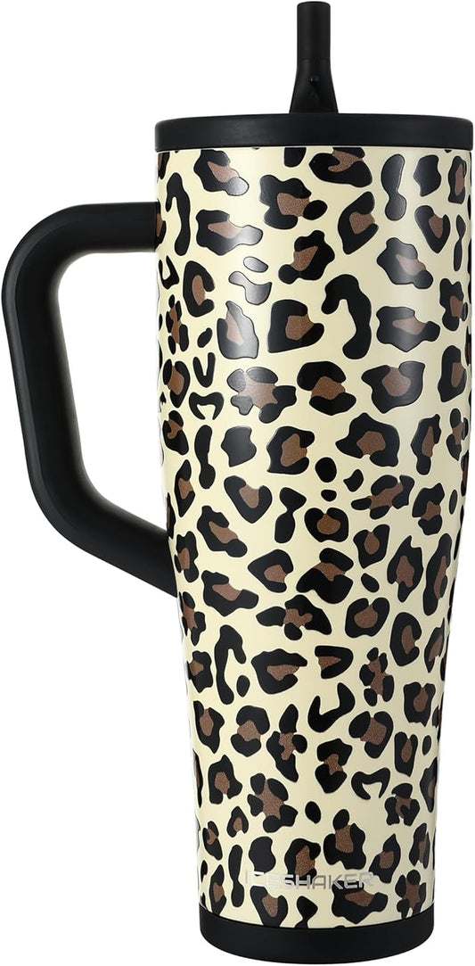 Ice Shaker 40 oz Tumbler with Handle and Straw | 40oz Leopard | Cold for 30+ Hours | 2-in-1 Tumbler Shaker Bottle | Odor-Free 40 ounce Bottle for Water, Protein Shakes, Smoothies, Cocktails
