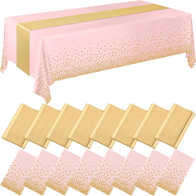 Tudomro 16 Pieces Pink and Gold Disposable Plastic Tablecloths and Satin Table Runner Set 54x108 Inch Tablecloth 12x108 Inch Table Runners for New Year Wedding Birthday Baby Shower Graduation
