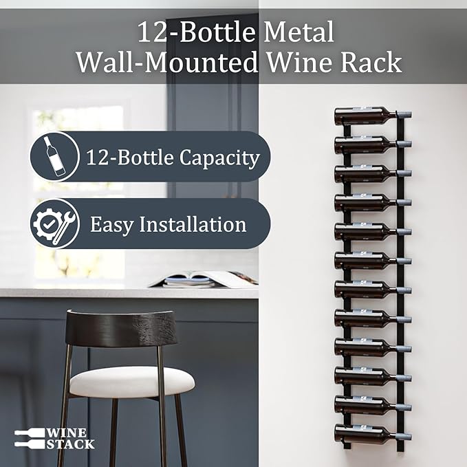 12-Bottle Black Metal Wall Mounted Wine Rack ??Modern Industrial Wine Bottle Storage Organizer for Home Bar, Kitchen, Dining Area & Wine Cellar