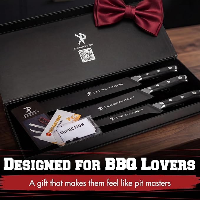 KITCHEN PERFECTION 3-Piece BBQ Slicing & Carving Meat Knife Set -12??Brisket Knife, 10??Butcher Knife, 6??Boning Knife with Sheaths -Razor Sharp German Steel,Full Tang Ergonomic Handles- Gifts for Men