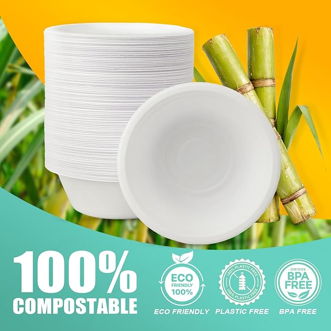 200 Count 12 oz Paper Bowls, Disposable Compostable Bowls Bulk, Heavy Duty Biodegradable Bagasse Bowl for Snacks, Soup, and Salads, White