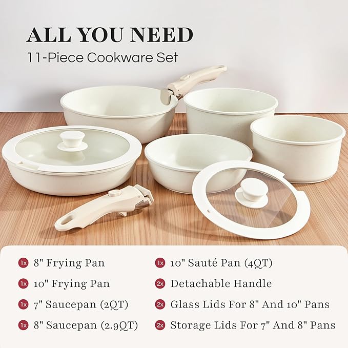 GOURMETIFIC짰 Pots and Pans Cookware Set [11 PIECES] - Non Toxic Ceramic Coated Cooking Ware - Induction, Gas & Oven Kitchenware - Non Stick Pot & Pan with Removable Handles & Stackable (Lavender)