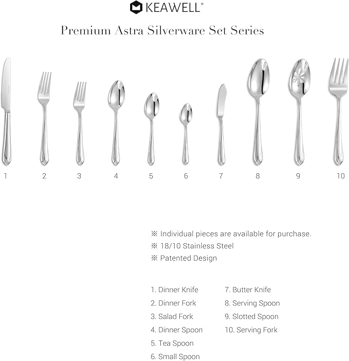 KEAWELL Premium Astra Flatware Set, 65-Piece for 12, Mirror-Finished 18/10 Stainless Steel Silverware, Modern Cutlery Dishwasher Safe for Meals and Gatherings (65, Silver)