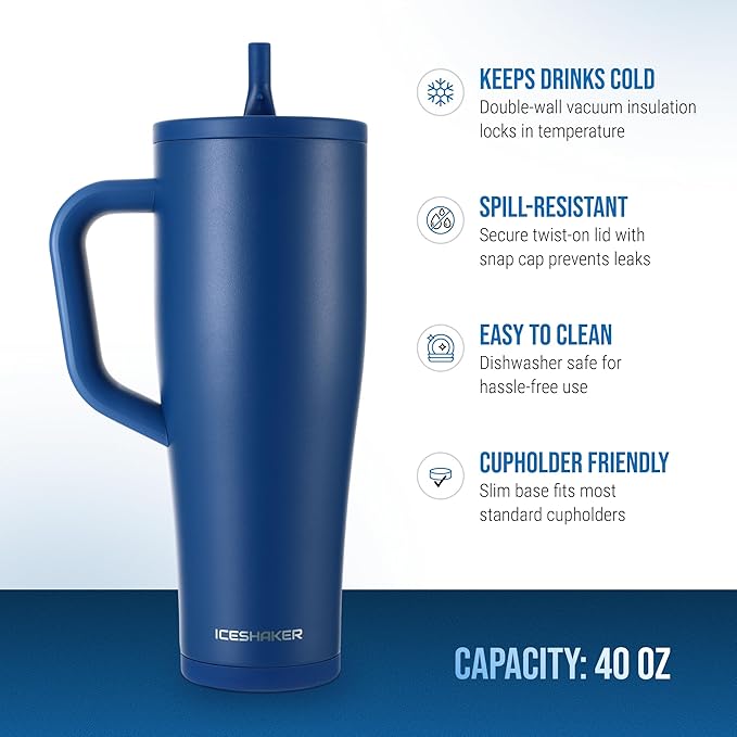 Ice Shaker 40 oz Tumbler with Handle and Straw | 40oz Navy | Cold for 30+ Hours | 2-in-1 Tumbler Shaker Bottle | Odor-Free 40 ounce Bottle for Water, Protein Shakes, Smoothies, Cocktails
