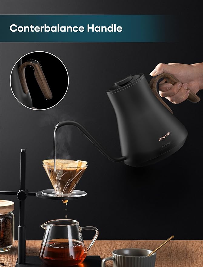 Gooseneck Electric Kettle with 짹1??Temperature Control for Pour Over Coffee & Tea, Quick Heating, BPA-Free Stainless Steel, Built-in Brew Timer, 1500W/0.9L (Black Walnut)
