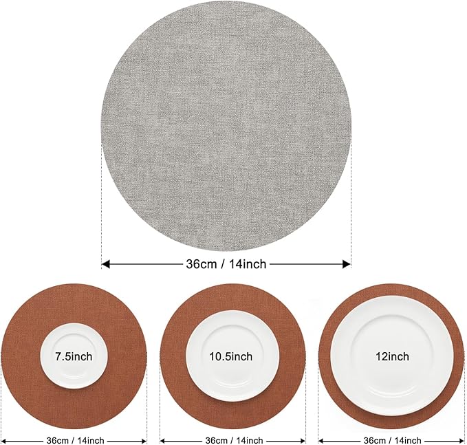 Myir JUN Reversible Vinyl Round Placemats Set of 8, Faux Leather Place Mats Dual Sided Waterproof Wipeable, Heat-Resistant Table Mats for Kitchen Dining Indoor Outdoor (14", Light Gray Reddish Brown)