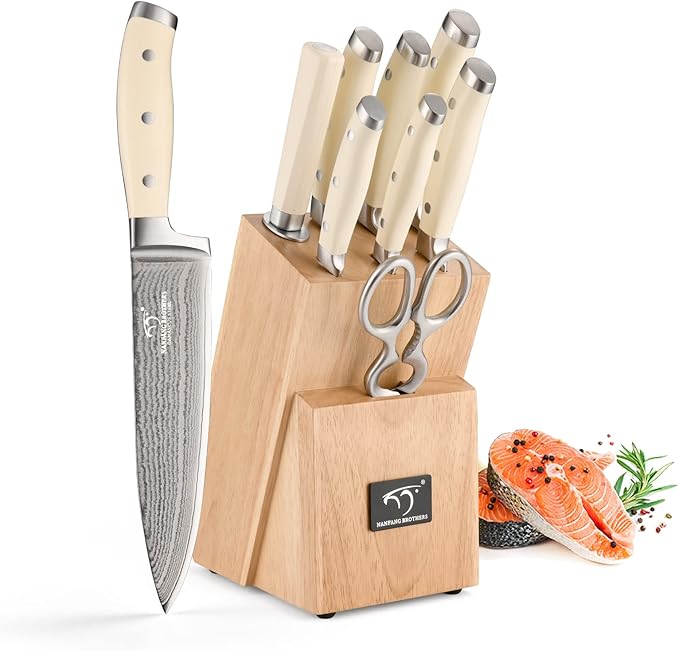 Damascus Kitchen Knife Set, 9 Pieces With Block, White ABS Triple Rivet Ergonomic Handle for Chef Knives, Sharpener and Shears