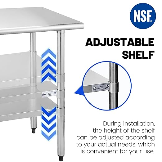 Hally Stainless Steel Table for Prep & Work 14 x 48 Inches, NSF Commercial Heavy Duty Table with Undershelf and Galvanized Legs for Restaurant, Home and Hotel
