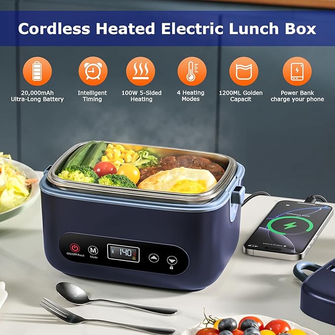 THZDMI 1.2L Cordless Electric Lunch Box ??20000mAh Rechargeable Portable Food Warmer with 5-Sided Heating, Auto Temperature Control, Leakproof & BPA-Free ??Perfect for Office, Truck, Outdoors Blue