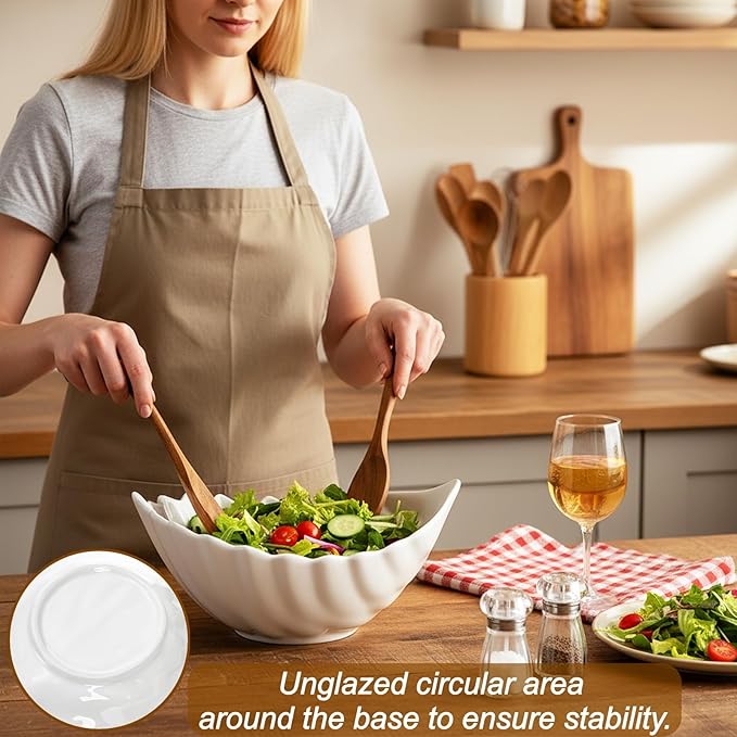 Hacaroa 50 Oz Ceramic Salad Bowl, 11 Inch Medium Serving Bowl White Soup Bowls with Wooden Utensils, Decorative Leaf Shape Mixing Bowl for Pasta, Stew, Fruit, Snacks, Microwave Dishwasher Safe