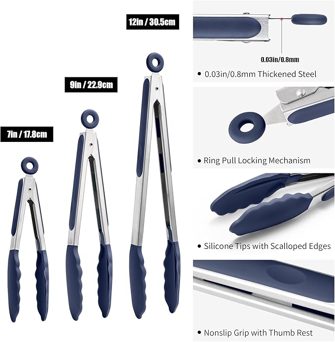 Doosu Kitchen Tongs for Cooking - 600째F Heat Resistant Food Tong Set with Non-Scratch Silicone Tips, Heavy Duty Stainless Steel Locking Tong for BBQ, Grilling Steak, Serving (7+9+12in, Navy Blue)