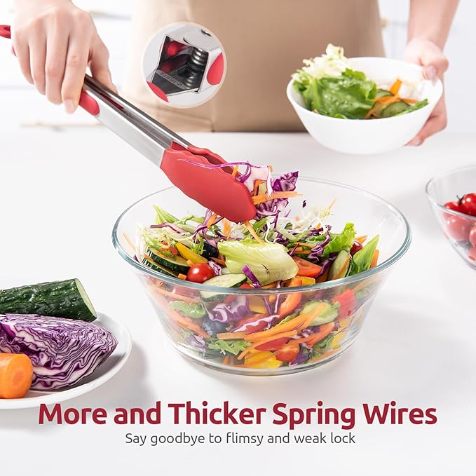 600쨘F Heat Resistant Kitchen Tongs: U-Taste 9+12 inch Silicone Cooking Tong Set with Firm Sealed Non Stick Rubber Tips and Silicon Coated 18/8 Stainless Steel Handle for Serving Grilling Salad(Red)