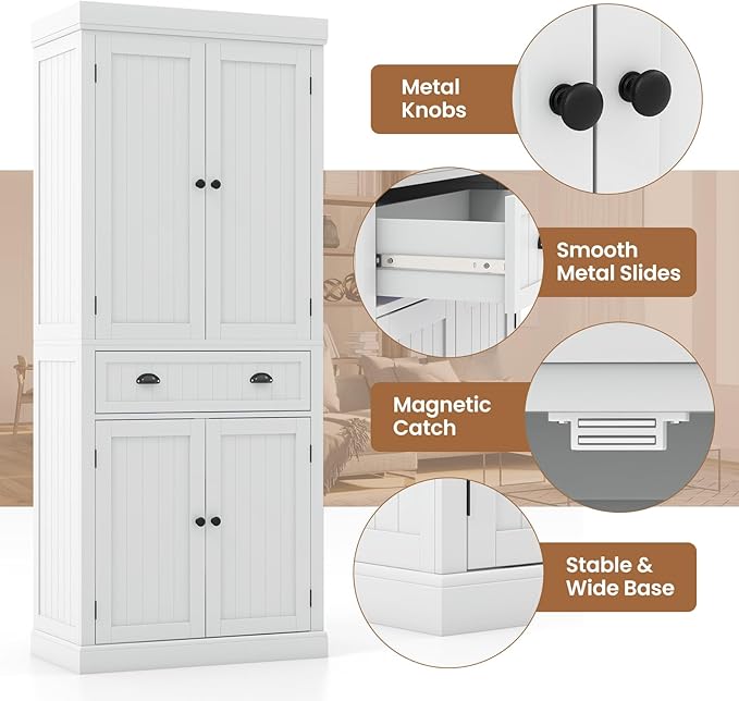 DORTALA 72??Tall Kitchen Pantry Cabinet, Wood Storage Cupboard w/ 4 Adjustable Shelves, 2 Cabinets & Drawer, Utility Freestanding Storage Cabinet for Kitchen, Hallway, Living Room, White