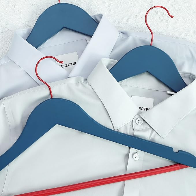 TOPIA HANGER Premium Wooden Hangers with Non-Slip Pant Bar, 360째Swivel Hook and Shoulder Notches, 16 Pack Solid Wood Clothes Hangers for Suit, Coat, Jacket, Camisole(Blue/Red)-CT35BR2