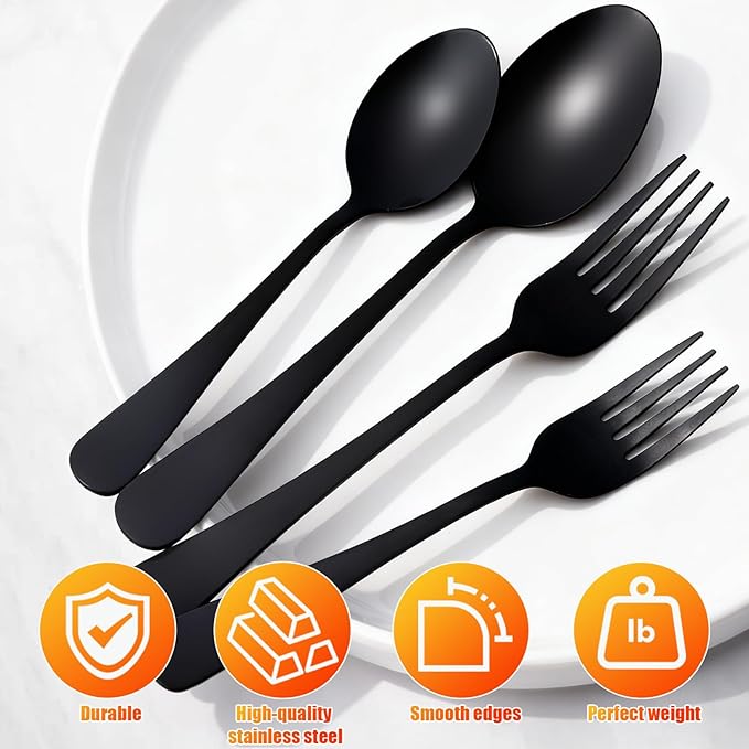 24 PCS Black Silverware Set,Food-Grade Stainless Steel Flatware with Steak Knives,Mirror Polished Utensil Sets for 4,Tableware Cutlery Set Include Forks and Spoons for Kitchen,Home,Restaurant