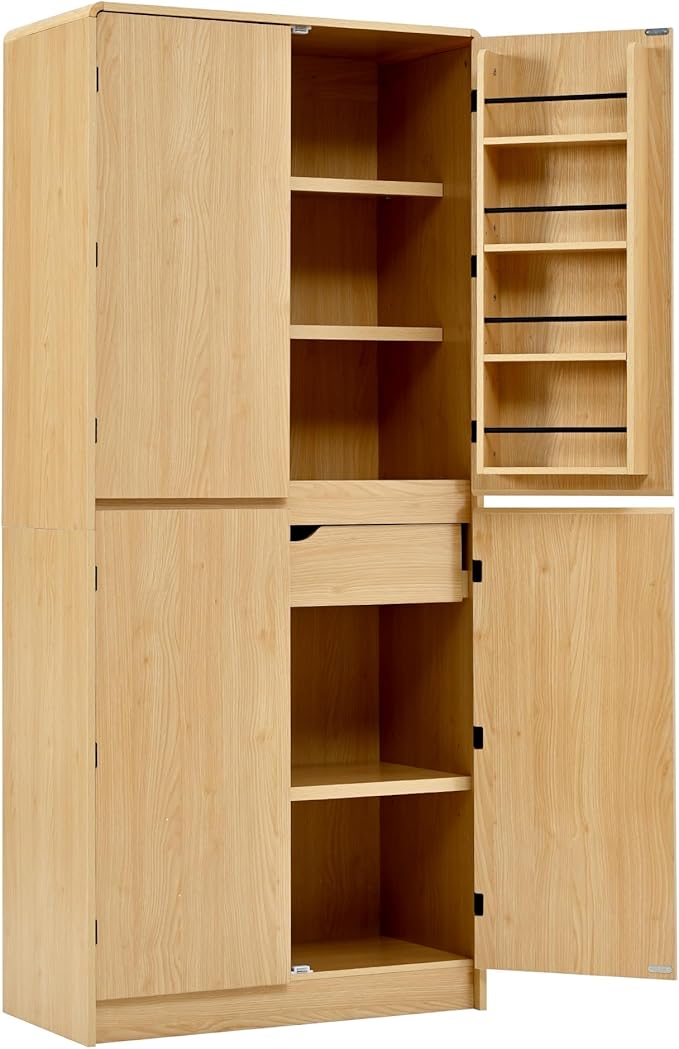 72" Farmhouse Tall Kitchen Pantry Cabinet, Wood Storage Cabinets with Hidden Drawer and 3 Adjustable Shelves, Cupboard with Door Shelves for Kitchen, Dining and Bathroom, Natural Wood