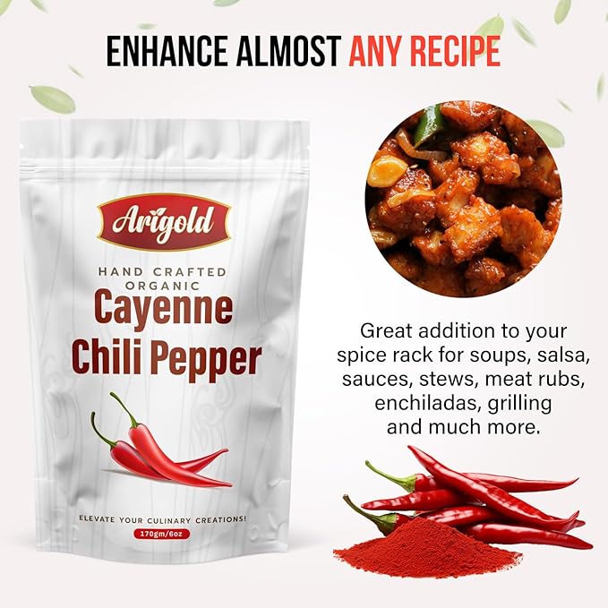 Arigold Organic Cayenne Pepper Powder - Hand Crafted Natural Hot Pepper - Ground Cayenne for Cooking - All-Natural, Non-GMO, Non-Irradiated, SHU 60,000-80,000 Heat, Resealable Bag, Vegan ??6 oz (170g)