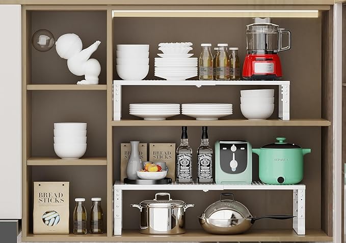 Expandable Cabinet Shelf Organizer Storage Spice Rack Shelves for Kitchen Stackable Adjustable Pantry Cupboard Bathroom Countertop Desktop(2Packs/White/Large-with Hole)