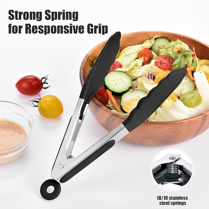 Doosu Kitchen Tongs for Cooking - 600째F Heat Resistant Food Tong Set with Non-Scratch Silicone Tips, Heavy Duty Stainless Steel Locking Tong for BBQ, Grilling Steak, Serving Salad (7+9+12in, Black)