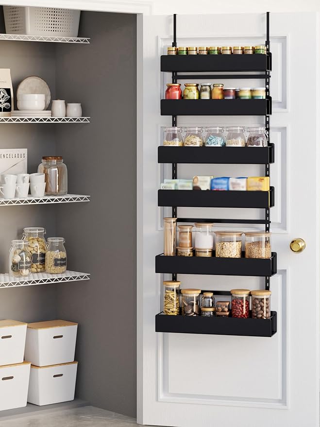 Over the Door Pantry Organizer, 6-Tier Pantry Organizers and Storage, Metal Hanging Spice Rack for Home & Kitchen, Laundry Room Bathroom Organization, Black