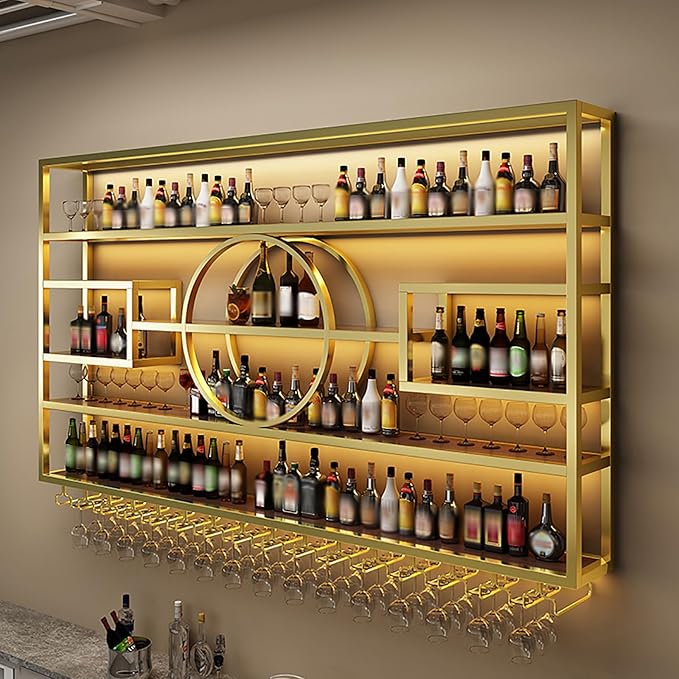 55in Wine Rack Wall Mounted, Large Capacity Hanging Wine Bottles Display Shelf with Glasses Holder, 4 Tier Industrial Bar Liquor Storage Shelves for Home Bar Kitchen,Living Room (Gold, 140cm)