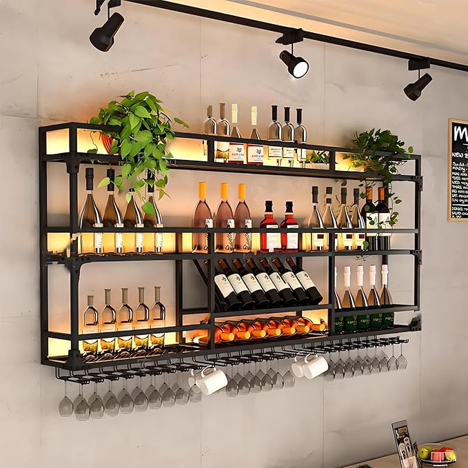 47Inch Metal Wall-Mounted Wine Rack with LED Light - 3 Tier Wine Storage Display Rack with Glass Holder - Space-Saving Bottle Display Shelf for Home Bars, Dining Rooms, Black