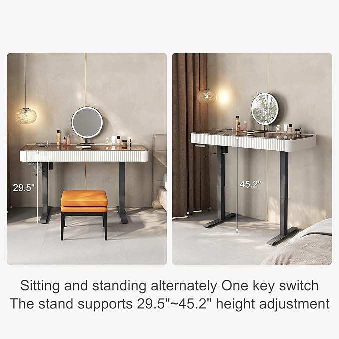 Lartis Vanity Table with Stool,Electric Lift Vanity Desk,Vanity Set竊똗p and Down Desk, Standing Vanity with Drawer (Ivory White, 50 in)