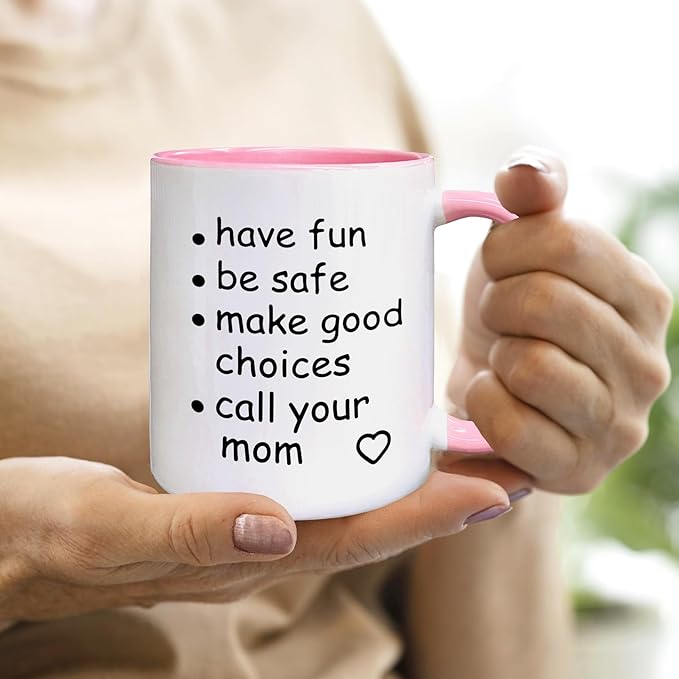QASHWEY Funny Call Your Mom Coffee Mug, College Freshmen Students Graduation Gift, Call Your Mom Coffee Cups Ceramic 11 Ounce, College Gift Tea Mug Cup, Gifts for College Freshmen Girls Boys(Pink)