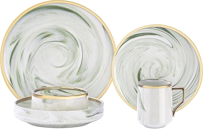 Fine China Artisan Marbled 20pc Dinner Set, Green with Gold Line