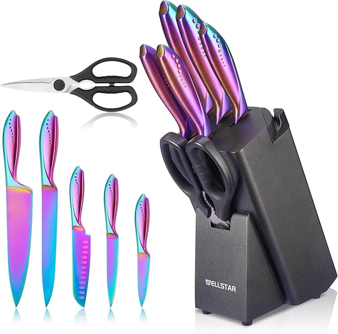 WELLSTAR Rainbow Knife Set 8 Pieces, Iridescent German Stainless Steel Kitchen Knives Set with Wooden Block, Colorful Titanium Coating, Chef?셲 Knife Block Set with Scissors and Built-in Sharpener