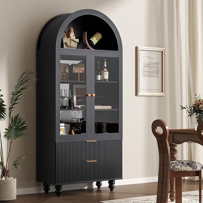 71" Tall Arched Pantry Cabinet with Glass Door, Fluted Kitchen Storage Cabinets with Shelves and Large Drawers, Wooden Buffet Cabinet Credenza for Living Room, Entryway, Coffee Station, Black