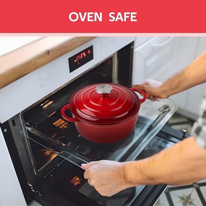 4.5 Quart Dutch Oven Enameled Cast Iron with Lid - Big Dual Handles - Oven Safe up to 500째F - Classic Round Pot for Versatile Cooking Red