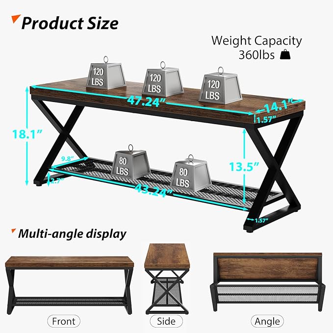 LVB Rustic Entryway Bench, 47??Shoe Bench with Storage for Entry Way, Industrial Shoe Rack Bench with Seating for Foyer Entrance, Farmhouse Wood Bench for Hallway Living Room Bedroom, Rustic Brown